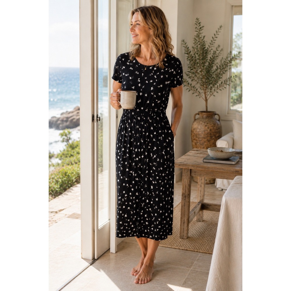 J. Jill Wearever JERSEY MIDI Dress WOMEN MEDIUM Petite DANDELION‎ BLACK